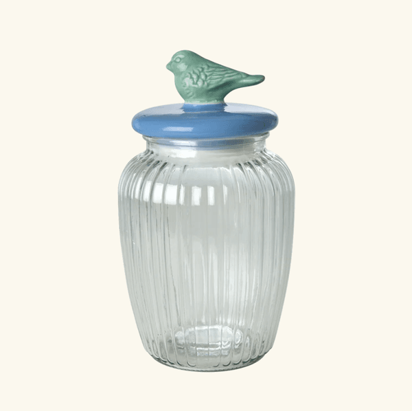 Hovedbilde KRUKKE – Stor med fugl og blått lokk – Rice