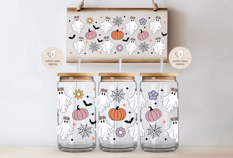 DRIKKEGLASS MED LOKK OG SUGERØR – Floral Ghosts & Pumpkins – The Cute Cloud