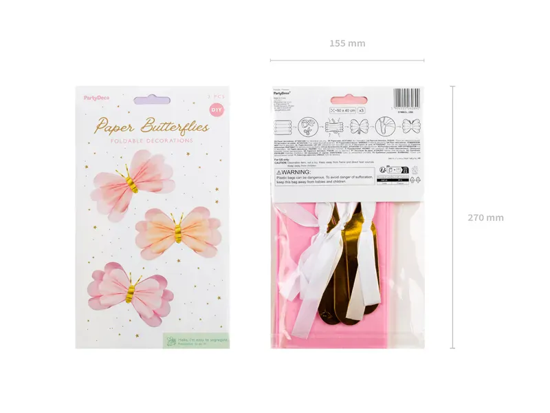 DEKORASJON – Sommerfugler i pastell – 3 stk – PartyDeco