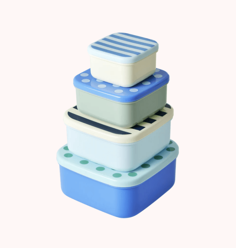 SETT MED 4 OPPBEVARINGSBOKSER – Blå – Striper og prikker – Rice